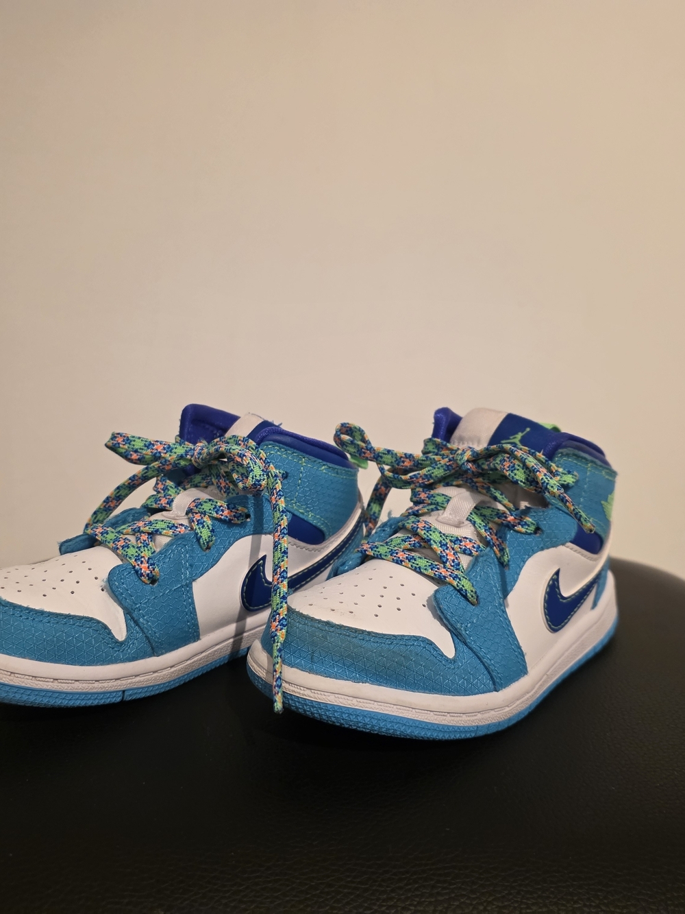 Jordan Kids Blue and White High-Top Sneakers with Multicolor Laces